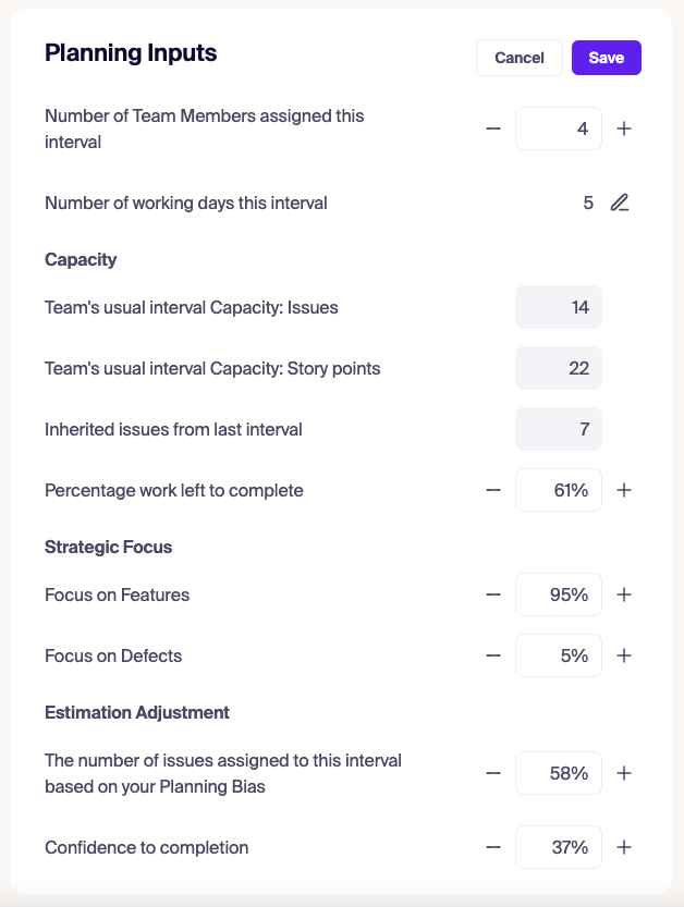 Planing Inputs